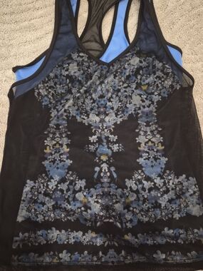 Lucky in Love Black Mesh Floral Racerback Tennis Tank with Blue Liner -  Small